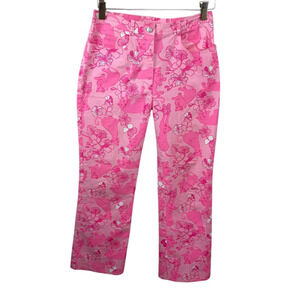 Vintage Lilly Pulitzer Pink Floral Cat Print Ankle Pants Size 2 Beachy Coastal